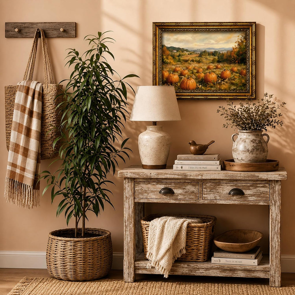 Vintage Autumn Pumpkin Patch Landscape Wall Art Framed Canvas Print with Gold Ornate Vintage Frame, Good Dining Room
