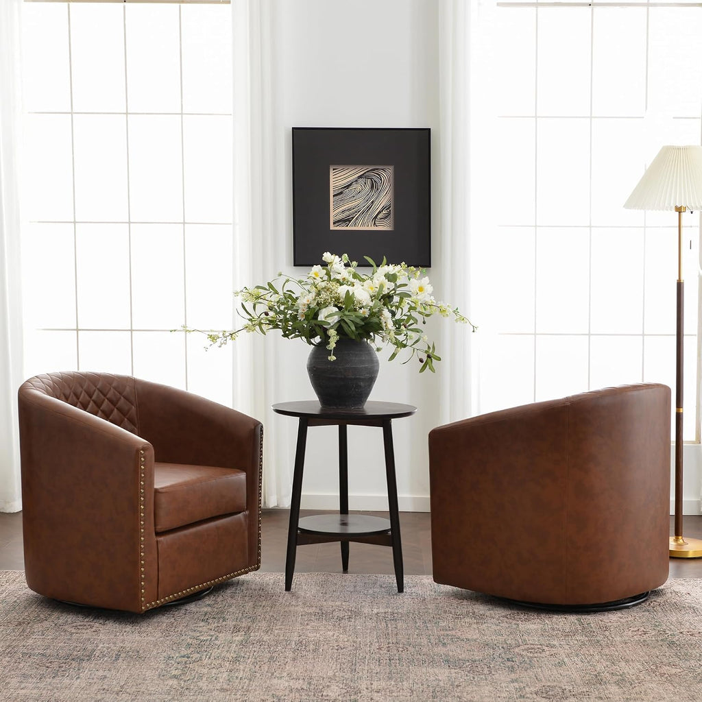 29" W Faux Leather Tufted PU Swivel Barrel Chairs, Brown - Set of 2