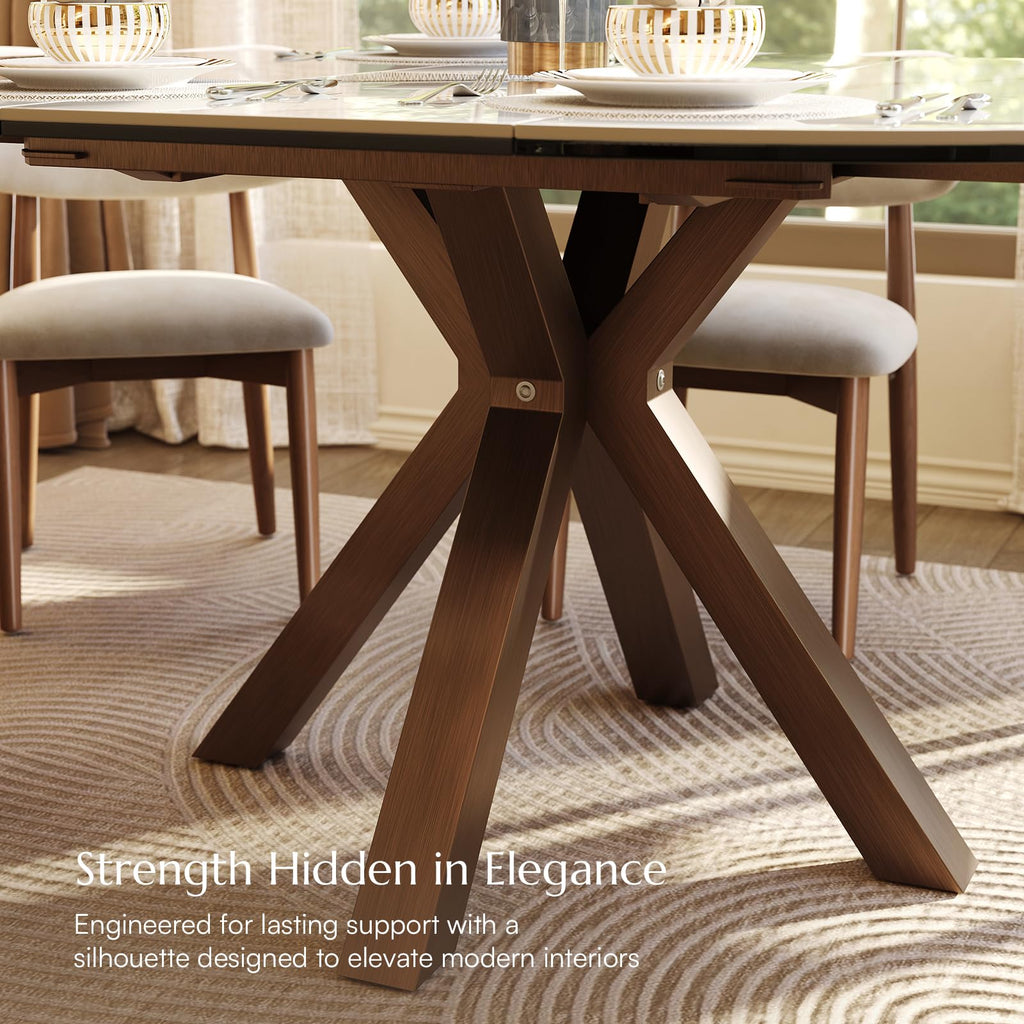 Modern Extendable Dining Table, 47" to 63" Round to Oval Sintered Stone Kitchen Table with Carbon Steel Pedestal Base