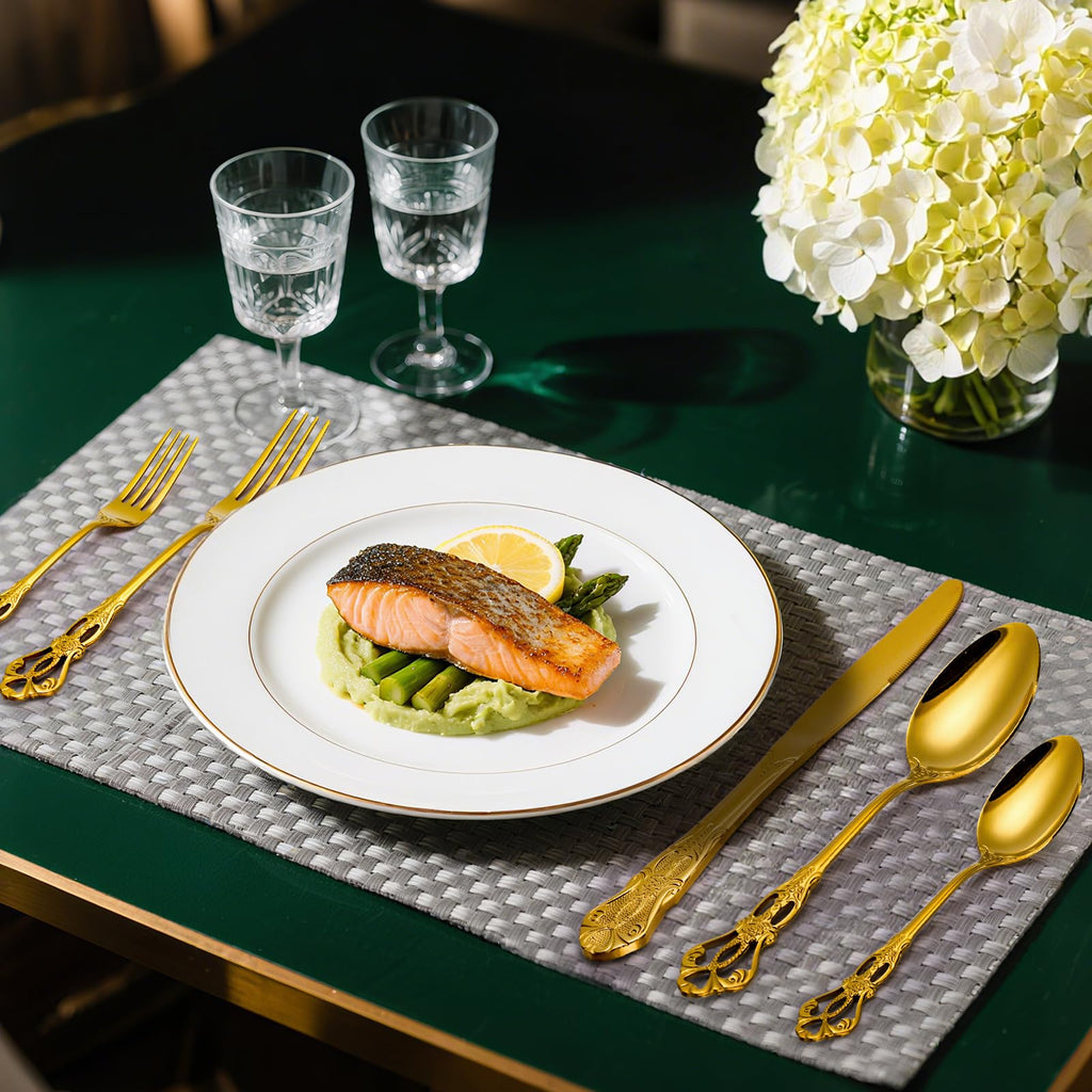40 Pieces Gold Silverware Set for 8, Retro Royal Utensils Set Gold, Stainless Steel Flatware Dinnerware Set Including