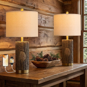 25.5'' Rustic Farmhouse Table Lamps, Faux Wood Tree Bark Lamps with Gold Base, Bedside Lamps Set of 2 with A+C