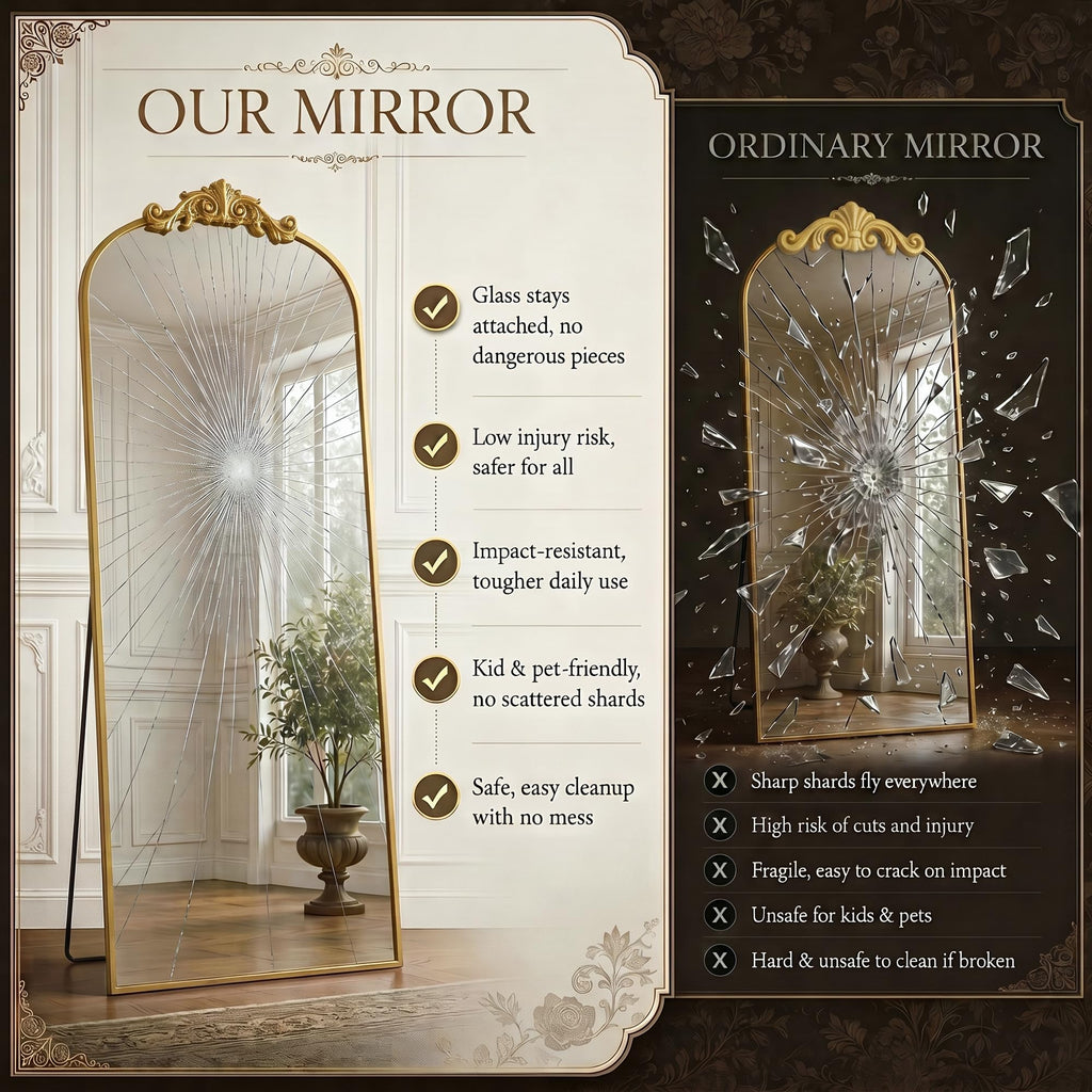 Arched Full Length Mirror, 71"x28" Floor Mirror with Carved, Gold