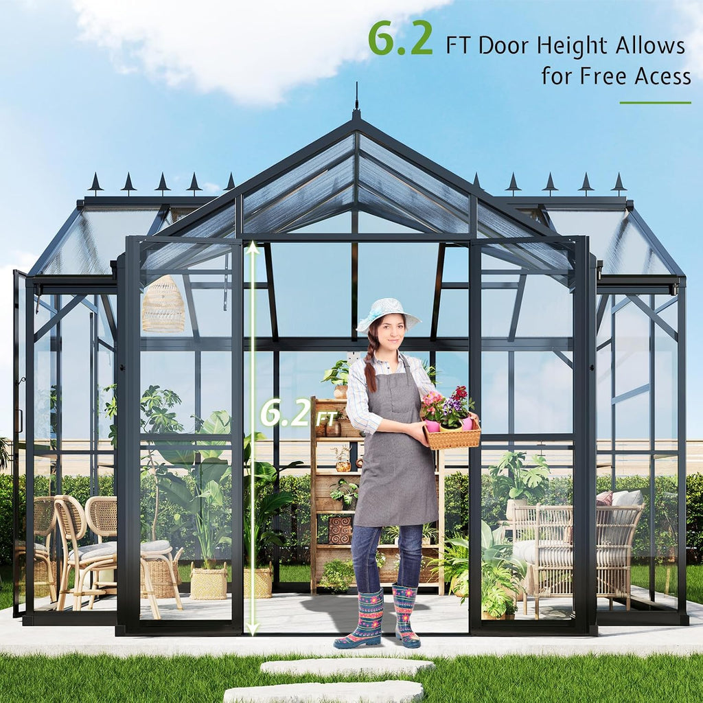 12 x 10 x 8-Ft Hybrid Polycarbonate Greenhouse | Quick-Connect Aluminum Frame, Dual Roof Vents, Double Doors