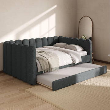 Queen Upholstered Daybed with Trundle, Upholstered Queen Daybed with Pull Out Trundle and Wood Slat Support, No Box
