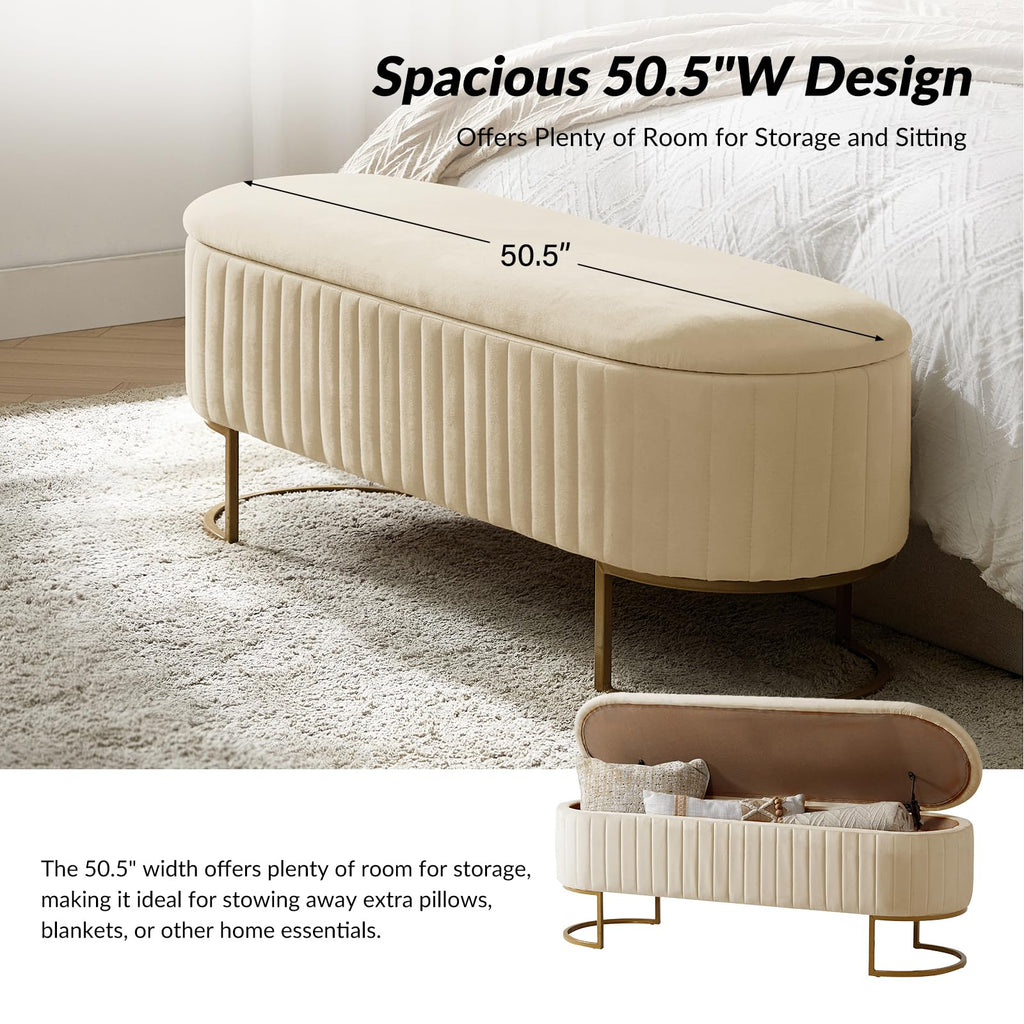50.5" Velvet Storage Ottoman Bench with Gold-Toned Legs, Luxury Upholstered End of Bed Multi-Functional Footrest &