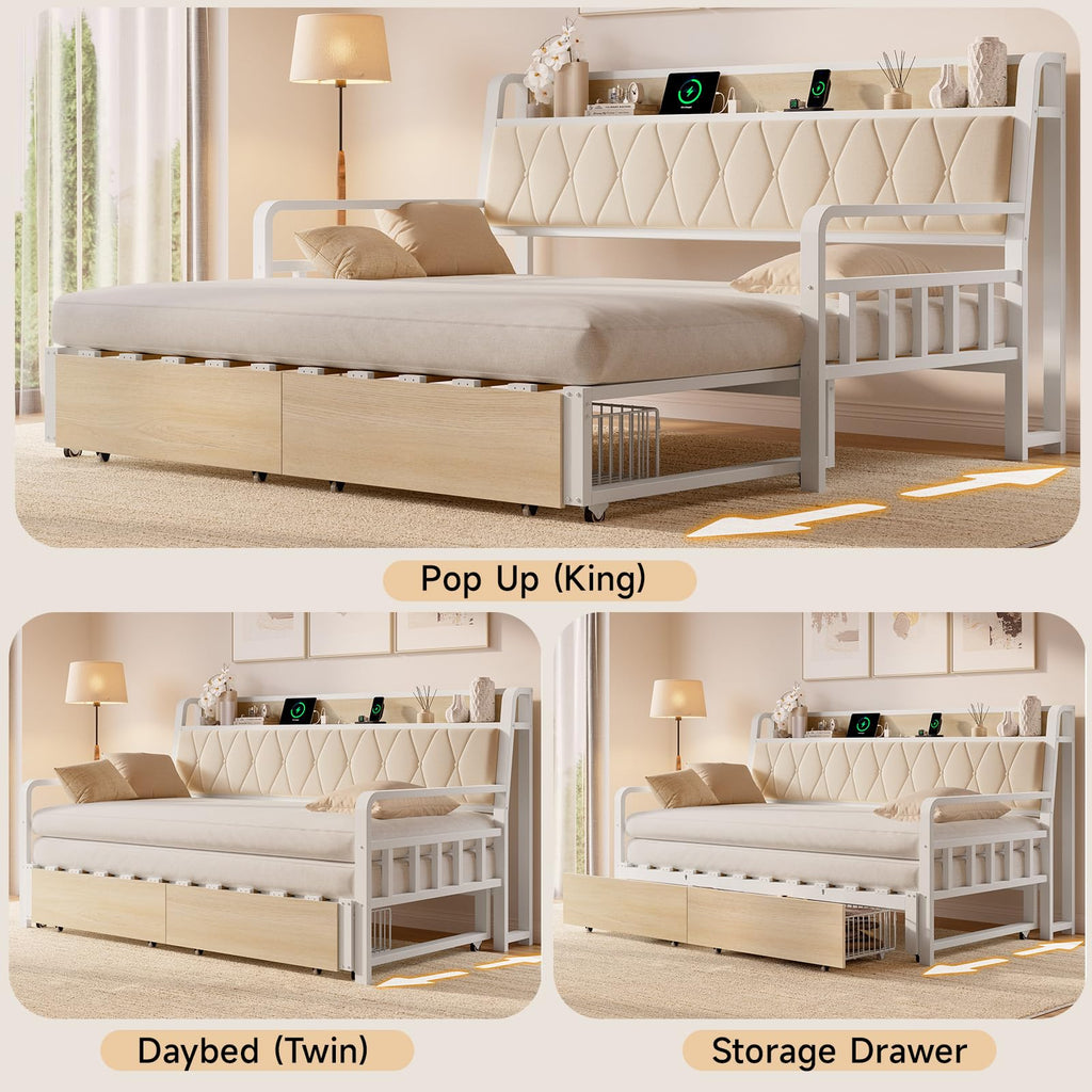 Twin Daybed with Pop up Trundle, Twin to King Daybed, White