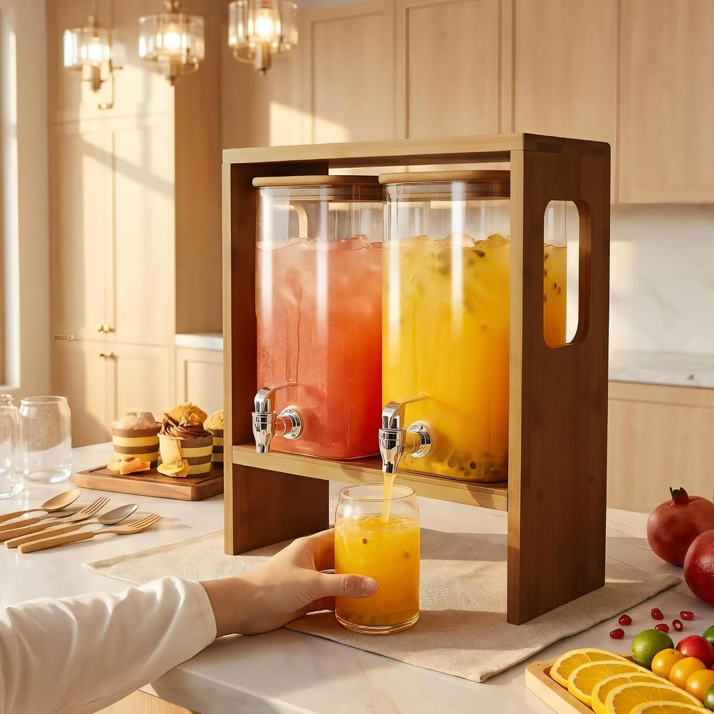 1.2 Gallon Glass Drink Dispenser with Stand and Serving Tray - Set of 2