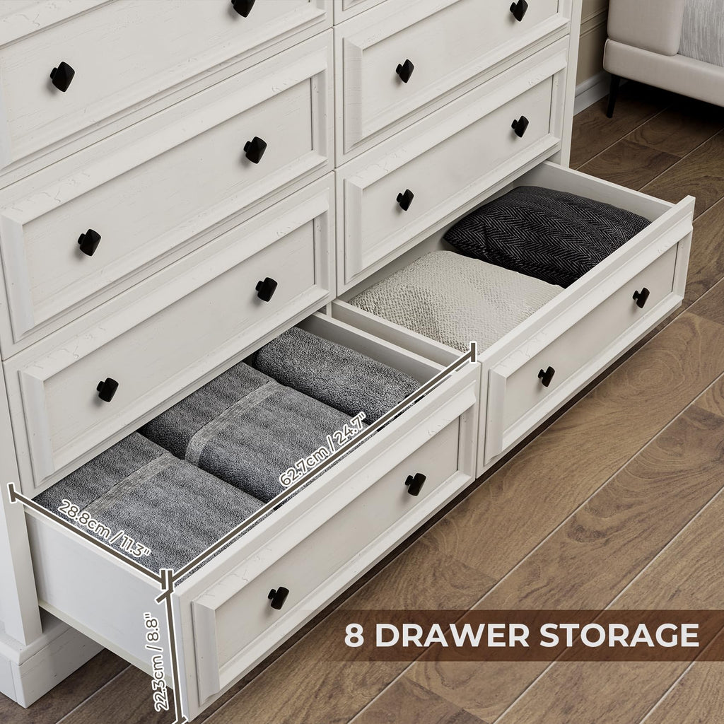 Farmhouse 8 Drawer, 54" Wide Wood with Natural Texture, Vintage Metal Double Hand Knobs, Rustic Chest of Drawers