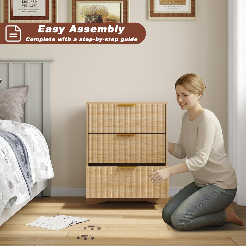 3 Drawer Dresser, Fluted Nightstand with Storage, Natural Wood