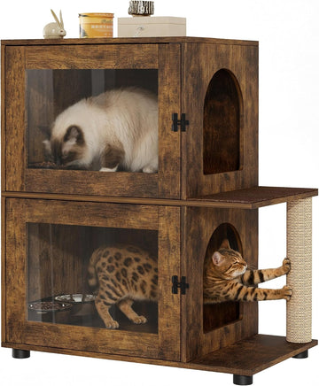 Double Dog Proof Cat Feeding Station, Wood Dog Proof Cat Feeder, Walnut