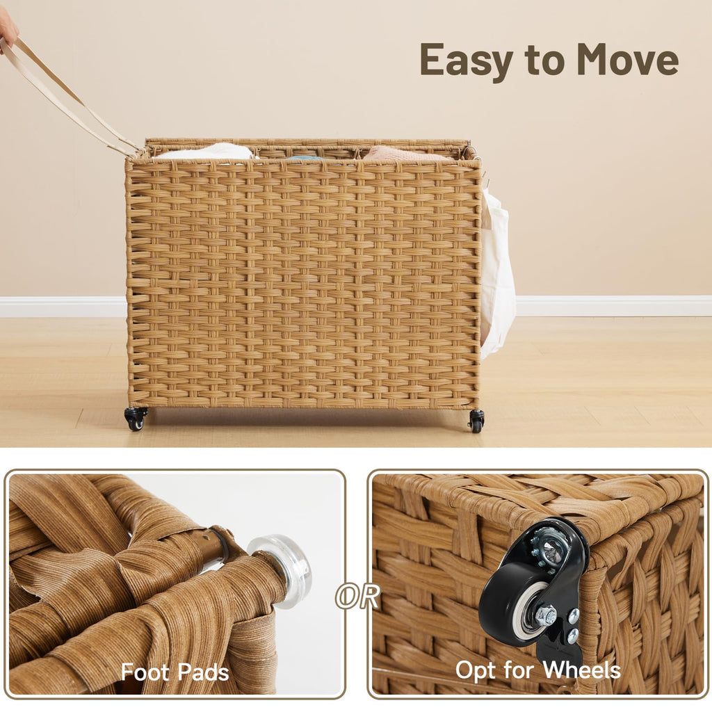 Laundry Hamper with Wheels, 52.8 Gallon(200L) Rolling Laundry Basket with Lid, 3-Section Rattan Clothes Hamper with 3