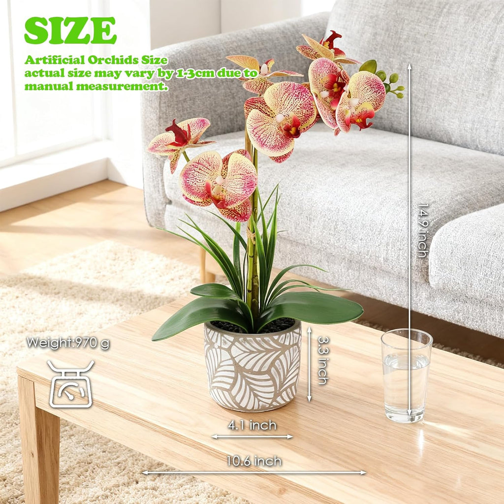 Artificial Orchid Flower Plant, 14.9'' Real Touch Faux Orchid Pink with Ceramic Vase, Fake Orchid Arrangements Home