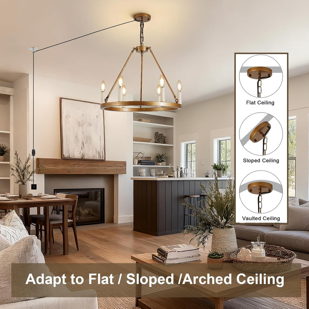 6 Lights DIMMABLE Plug in Wagon Wheel Chandelier, 20.5" Gold Rustic Hanging Lights with Long Cord