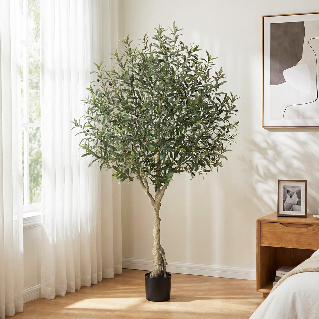 Artificial Olive Tree 7FT Indoor - Faux Olive Tree with Natural Wood Trunk & Realistic Leaves, Tall Potted Fake Olive