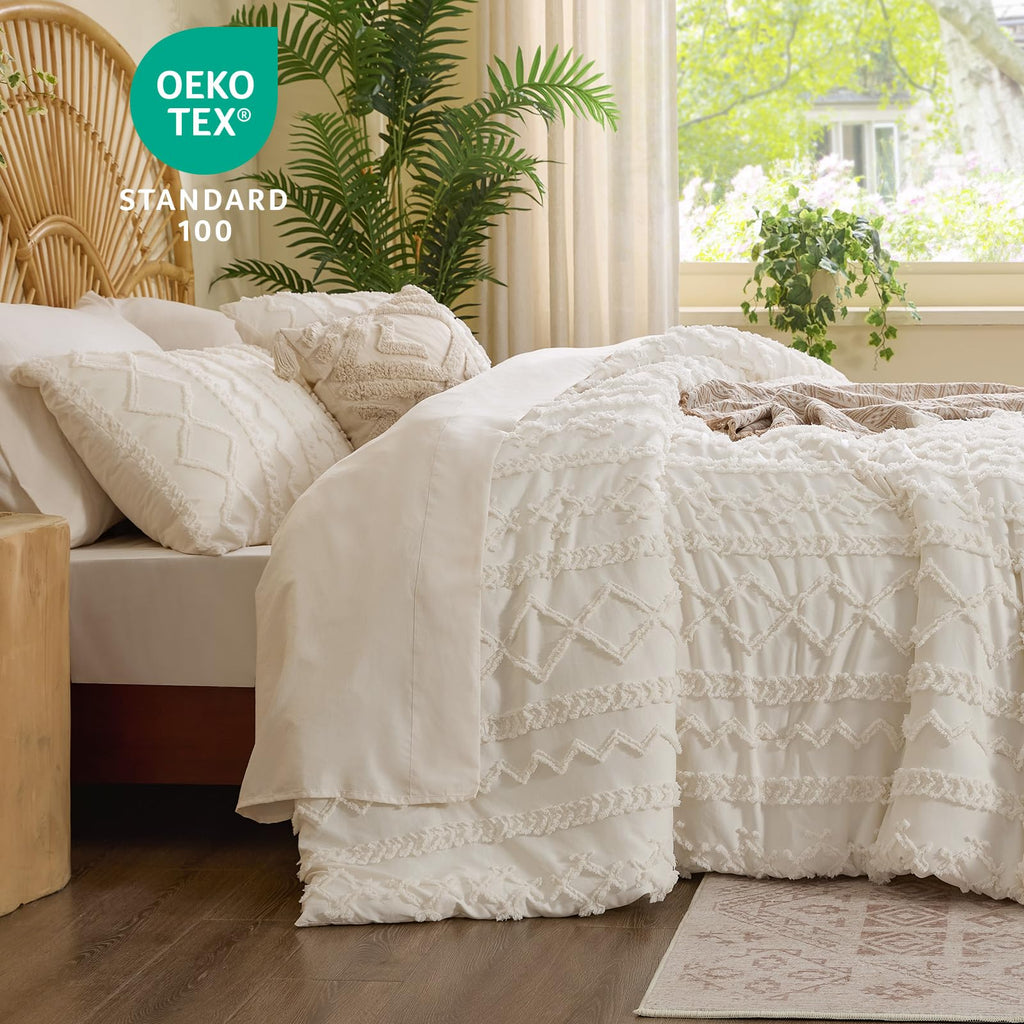 Queen Comforter Set 7 Pieces, Boho Bed in a Bag, Cream White