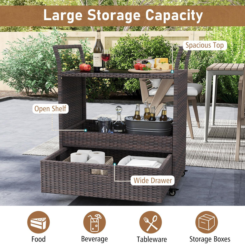 Rolling Rattan Bar Cart, Bar Counter Table with Tempered Glass Top