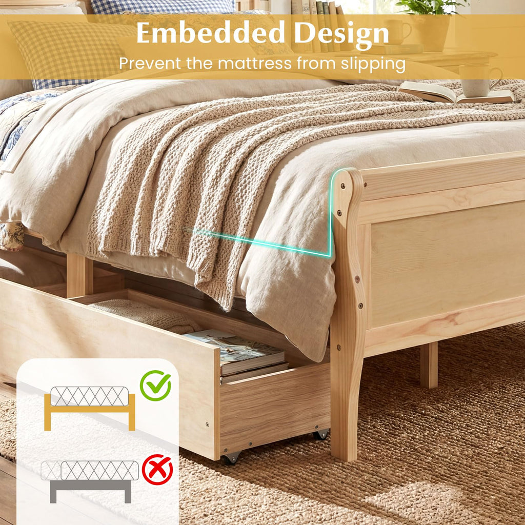 Full Bed Frame with 2 Storage Drawers, Wood Platform Bed with Headboard & Footboard, Wooden Slats Support Mattress