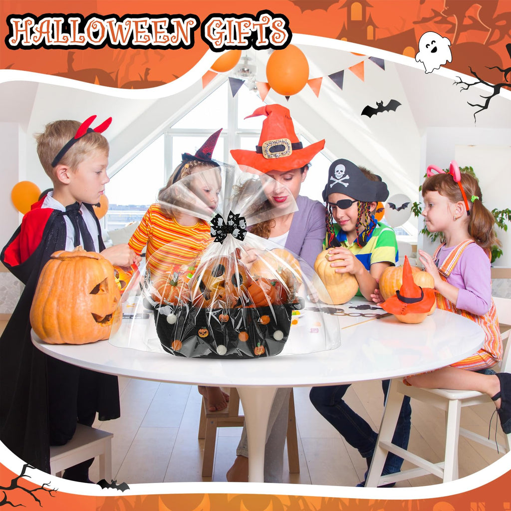 Halloween Woven Gift Basket Empty with Bow Clip Wrap Bag, Black