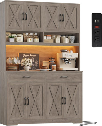 75" Tall Kitchen Pantry Storage Cabinet, 45" W Hutch Cabinet, Grey | Farmhouse Pantry Cabinet with Charging Station /