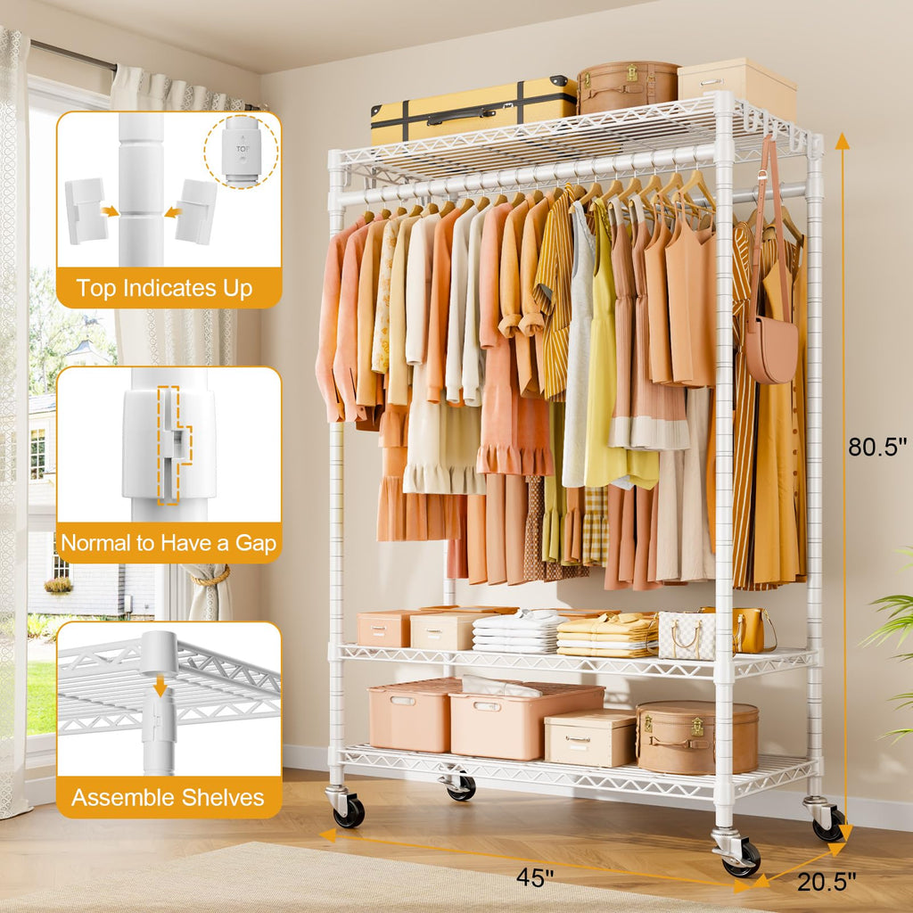 P7 Rolling Clothes Rack, Clothing Racks for Hanging Clothes, White