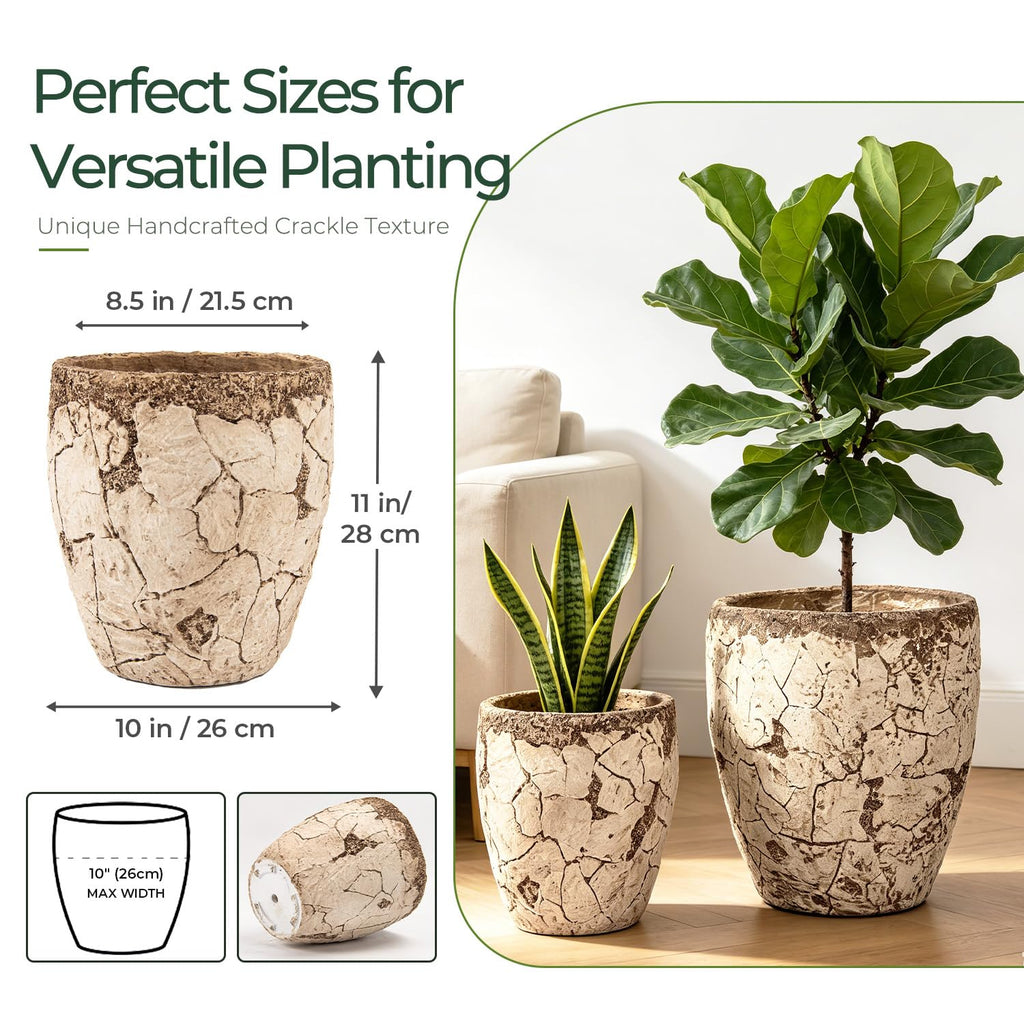 11" H x 10" Dia Fiberstone Planter Pot with Drainage Hole, Handcrafted Distressed Decorative Flower Pot for Indoor