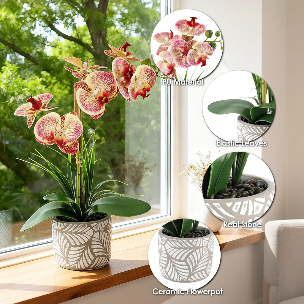 Artificial Orchid Flower Plant, 14.9'' Real Touch Faux Orchid Pink with Ceramic Vase, Fake Orchid Arrangements Home