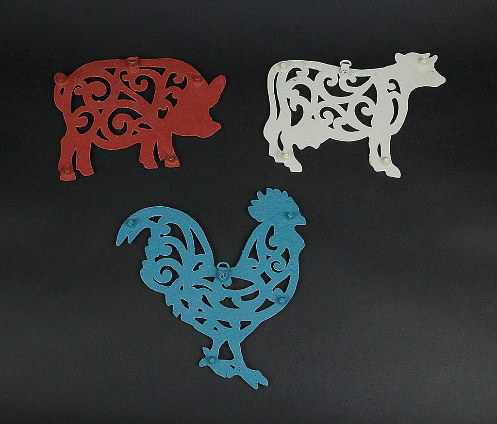 Farm Animal Kitchen Trivets, Red White Blue 9 Inch Cast Iron - Set of 3