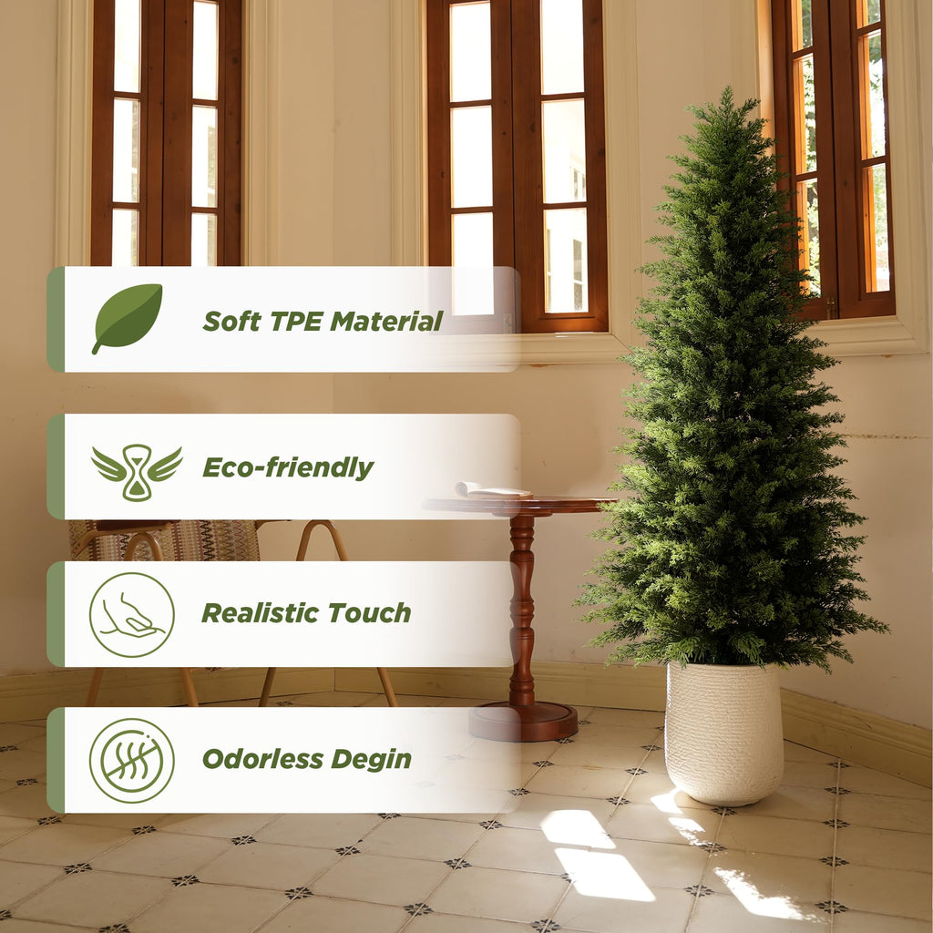 5ft Artificial Cedar Topiary Tree, Set of 1 Realistic Faux Evergreen Shrub Plant in Planter, Indoor Outdoor Fake