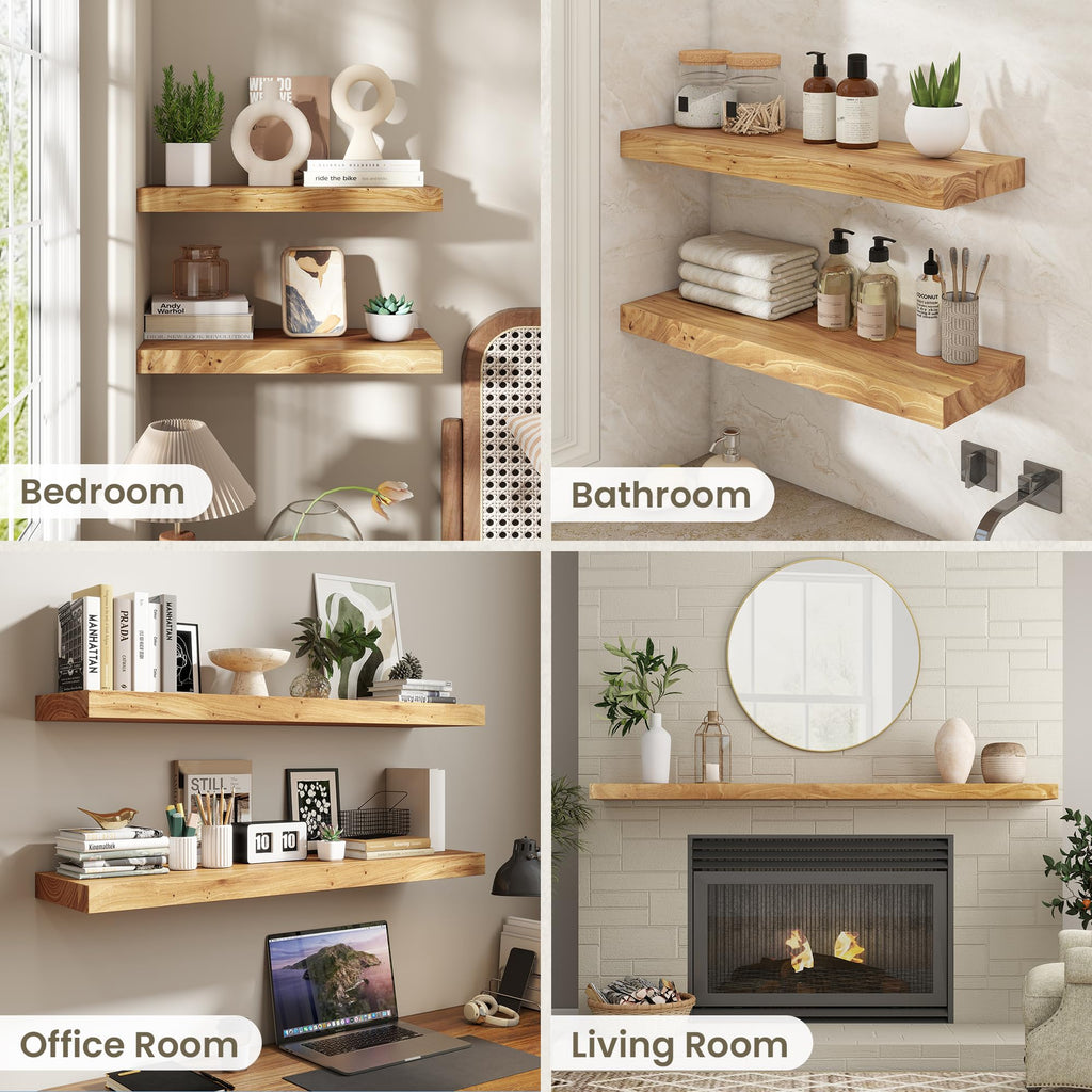 Floating Shelves for Wall, Solid Elm Wood Floating Shelf, 48 x 8 Inch Rustic Wall Shelf with Invisible Brackets