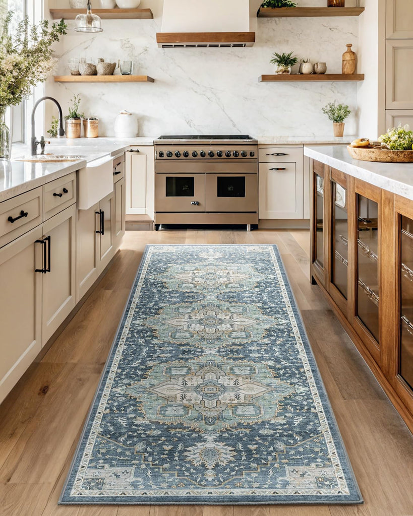 2'6x8' Washable Runner Rug, Blue/Yellow, Vintage Style