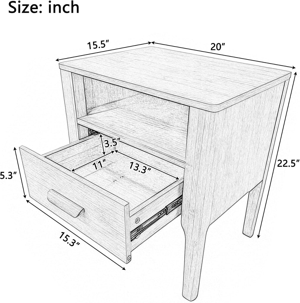 20 Inch Bamboo Nightstand with Drawer & Shelf, Mid-Century Modern Solid Bedside Table, Natural