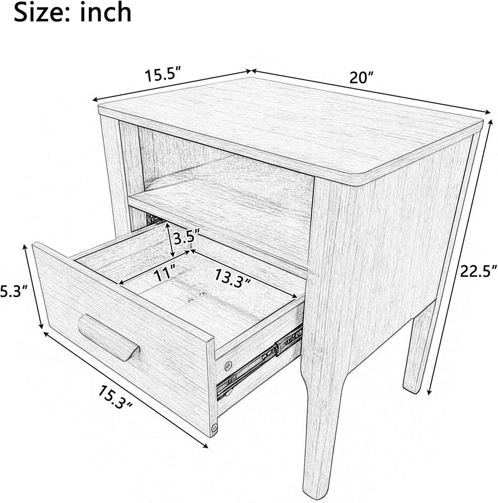 Bamboo Nightstands Set of 2 with Drawer & Shelf, Mid-Century Modern Solid Bedside Tables, Natural