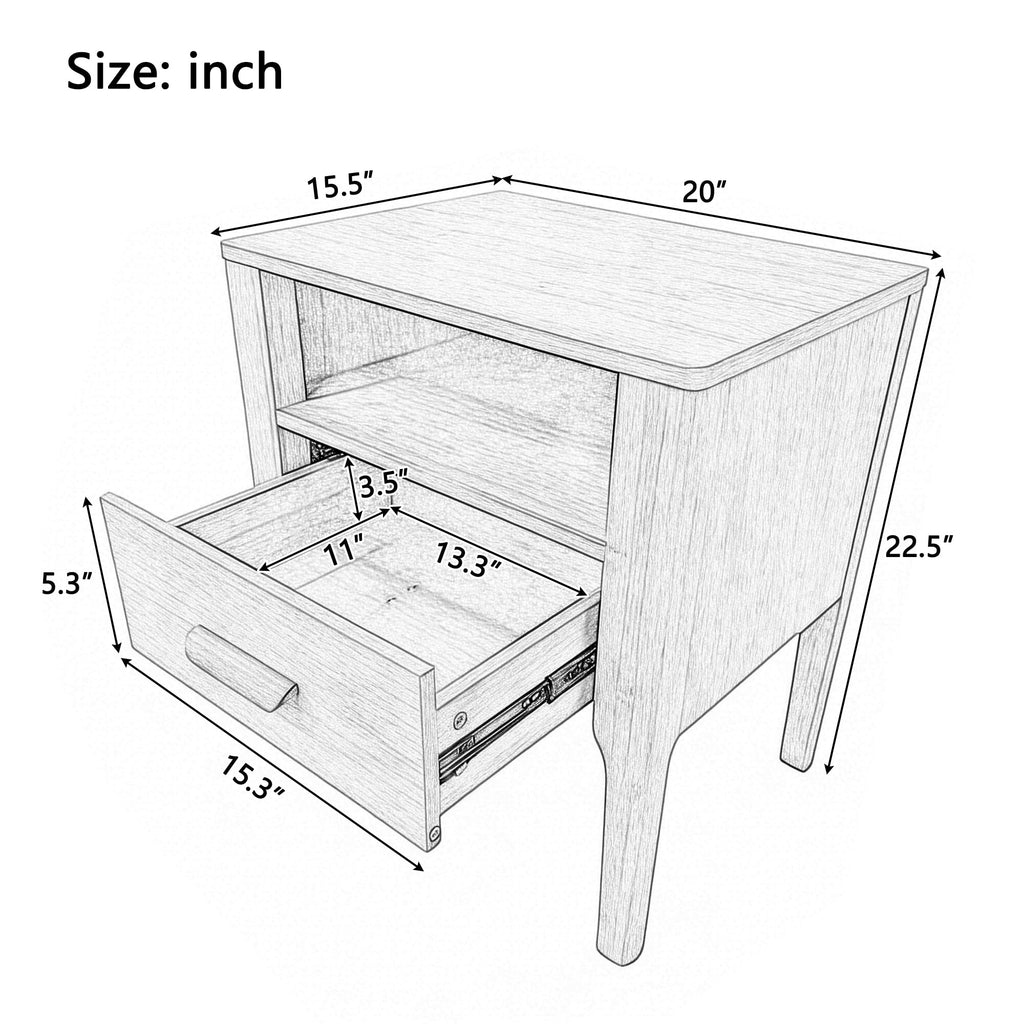 Mid-Century Modern Nightstand with Drawer and Open Shelf, Bamboo Wood Bedside Table, Brown