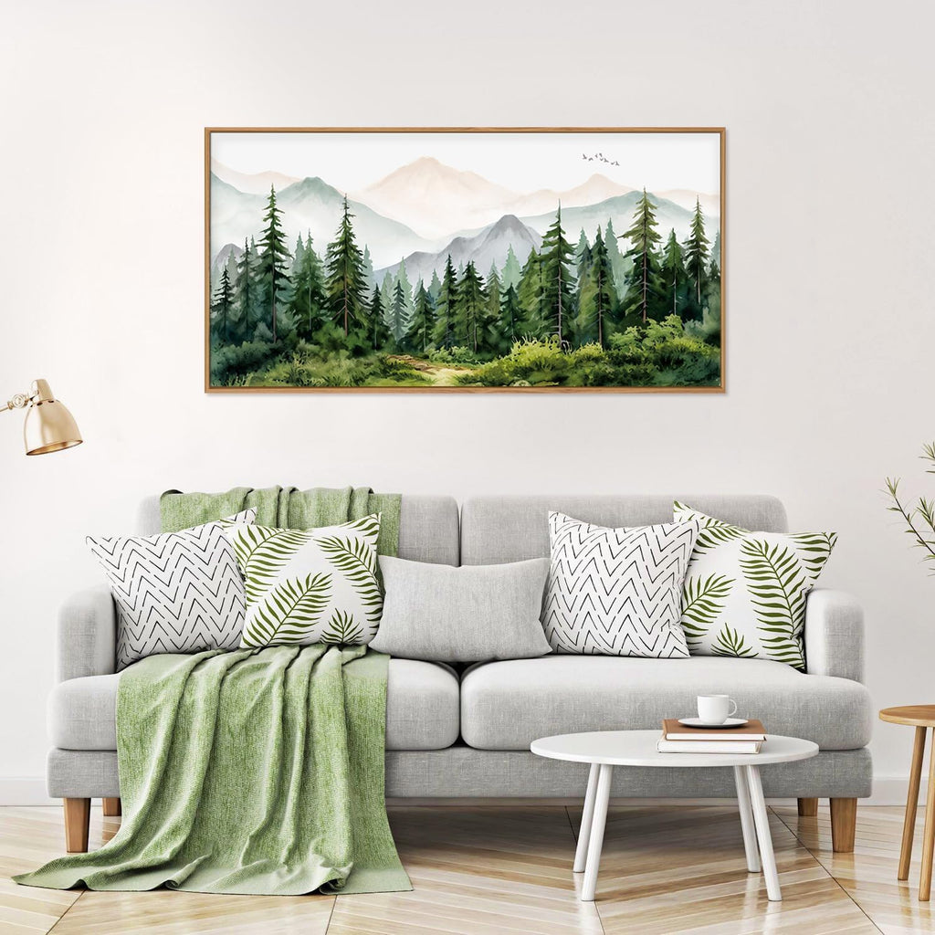 Green Forest Tree Mountain Range Framed Canvas Wall Art, Watercolor Nature Wall Decor, Woodland Nursery Wall