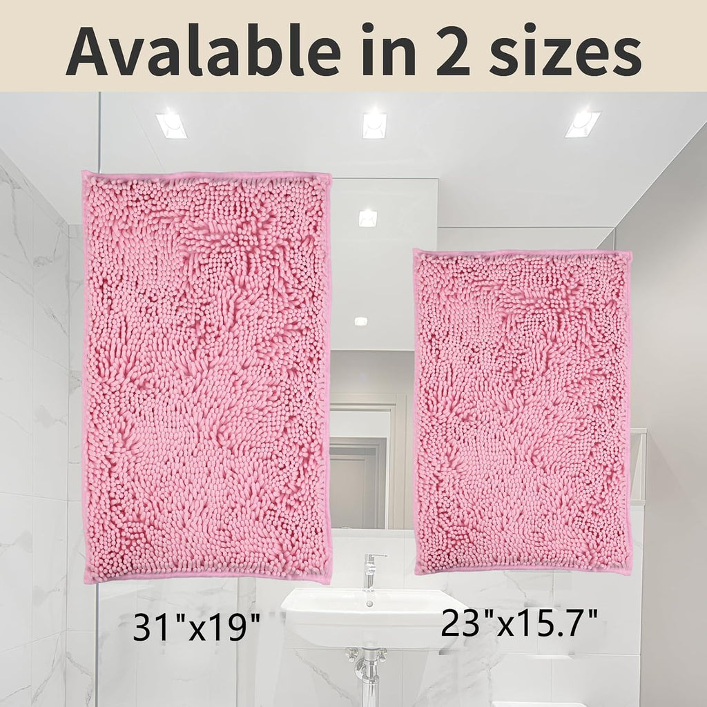 Bathroom Rugs, Super Absorbent Luxury Shaggy Chenille Bath Mats, Pink 17x24_20x32