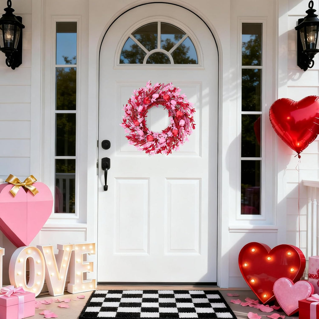 Valentines Day Decorations 22 Inch Valentine's Day Wreath Pink Flower Wreaths for Front Door with Red Tulip Pink