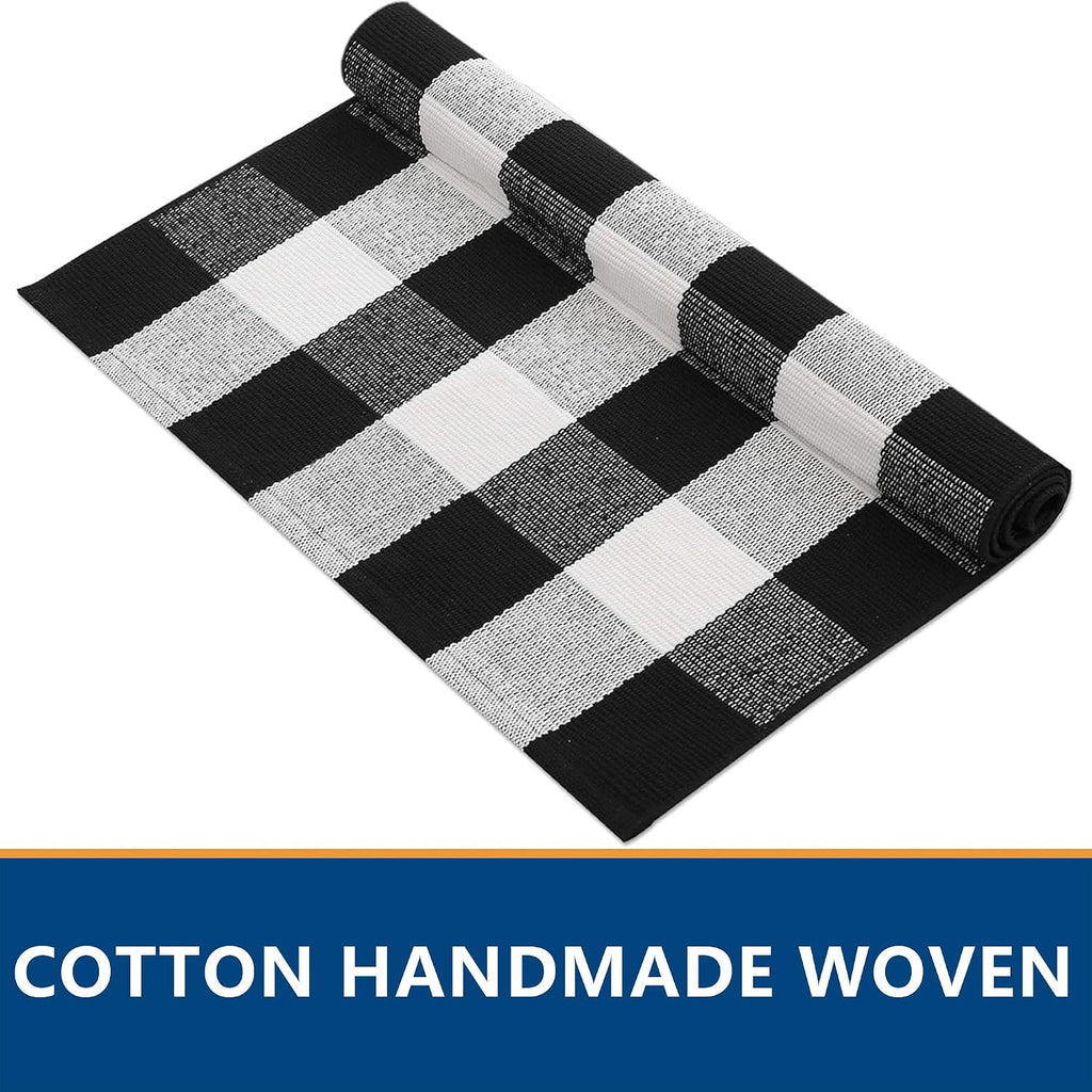 Front Door Mat Combo Set, Hello 100% Coco Coir Welcome Doormat + 28" x 43" Layered Buffalo Black and White Plaid Rug