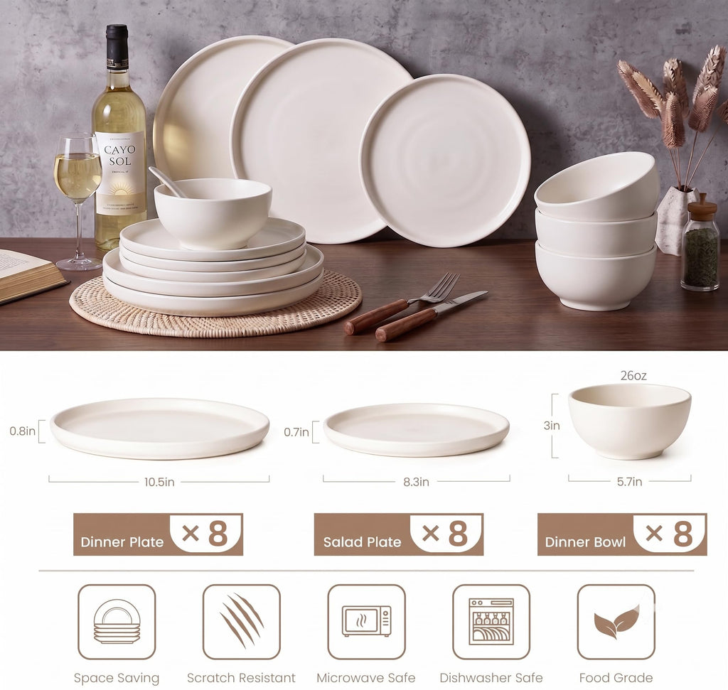24 Piece Stoneware Dinnerware Sets, Ceramic Plates & Bowls Set for 8