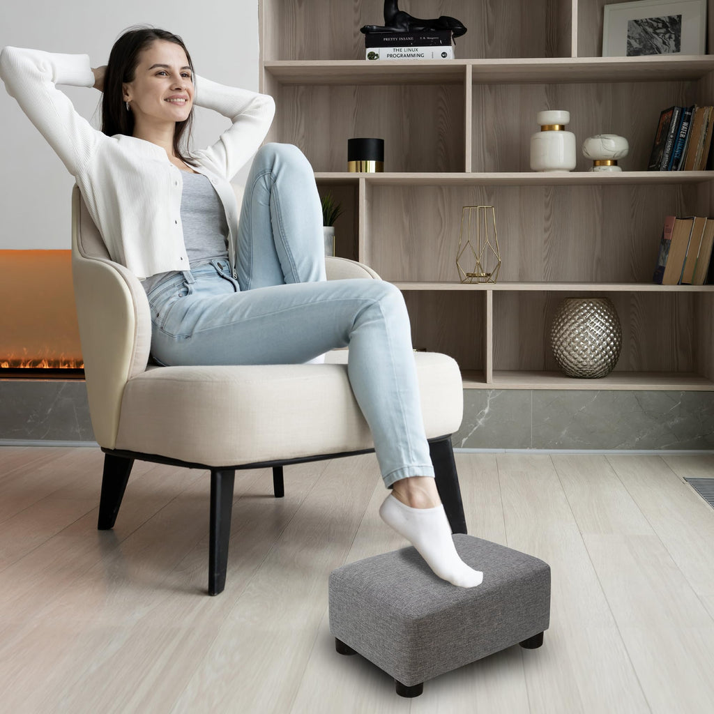Small Foot Stool Ottoman Footstool with Legs Under Desk Footrest Bedroom and Office, Linen-Grey