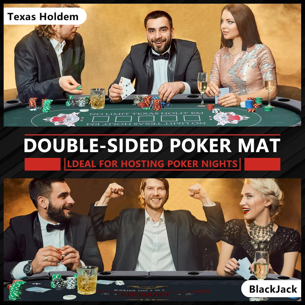 4-in-1 Poker Table Foldable, 8 Player Folding Poker Table w/Interchangeable Texas Holdem/Blackjack Game Mat &