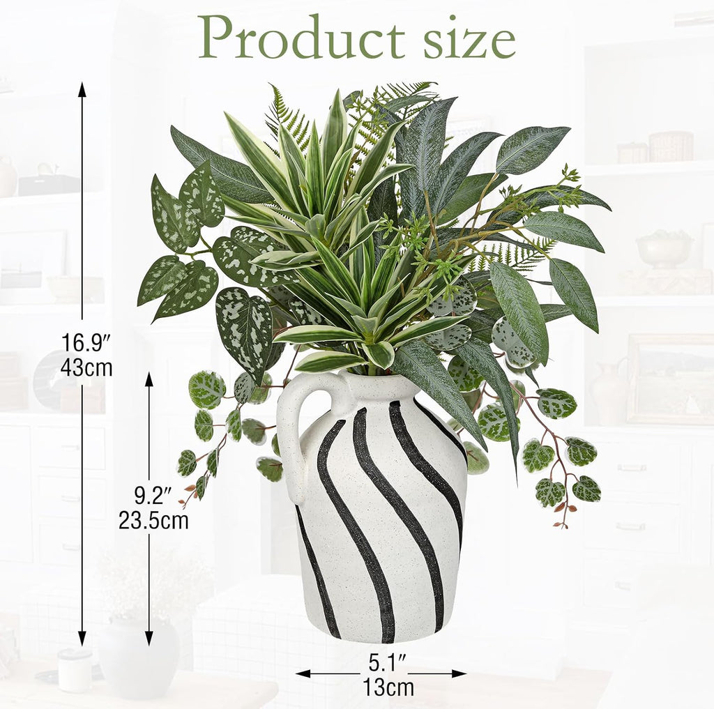 Artificial Greenery Arrangement with Cement Vase, Fake Potted Plants in Rustic Jug Planter, Faux Leaf Bouquet - Set of 6
