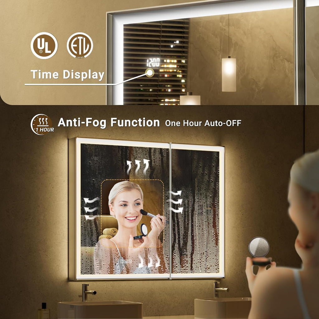 36x30 Lights Medicine Mirror Cabinet, Beveled Brushed Nickel Frame | Lighted Aluminum Bathroom Cabinet, Surface or