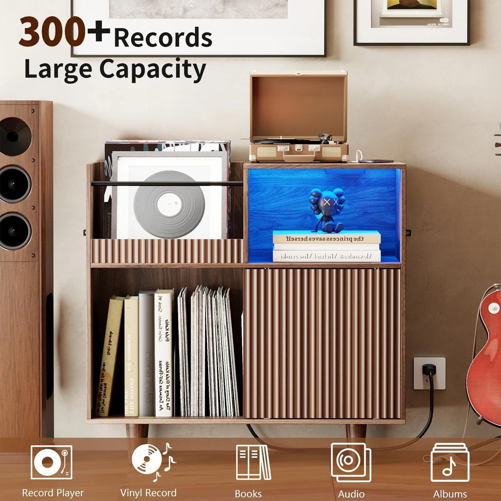 Record Player Stand with Sliding Door, 300+ Vinyl Record Storage