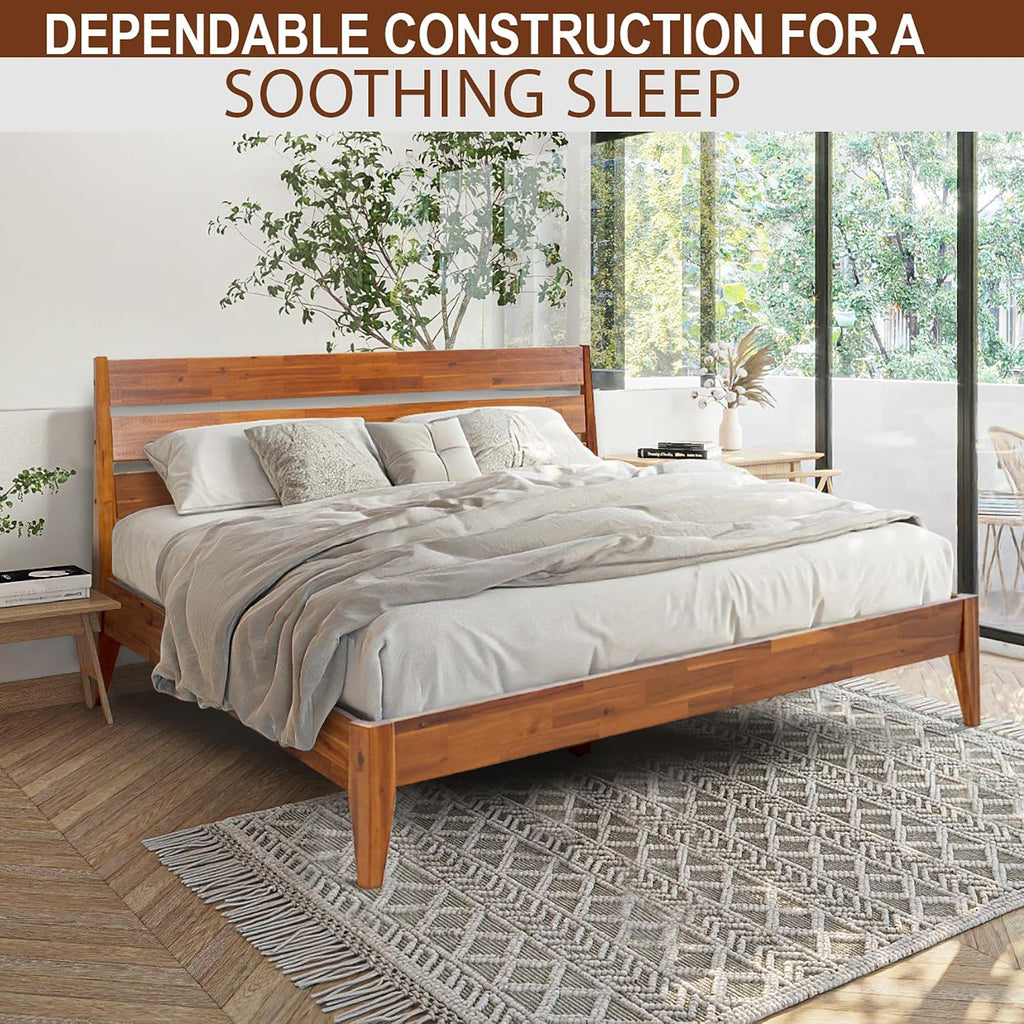 Emery Bed Frame with Headboard Solid Wood Platform Bed, King Size Bed Frame, Mid - Century Modern Wood Bed Compatible