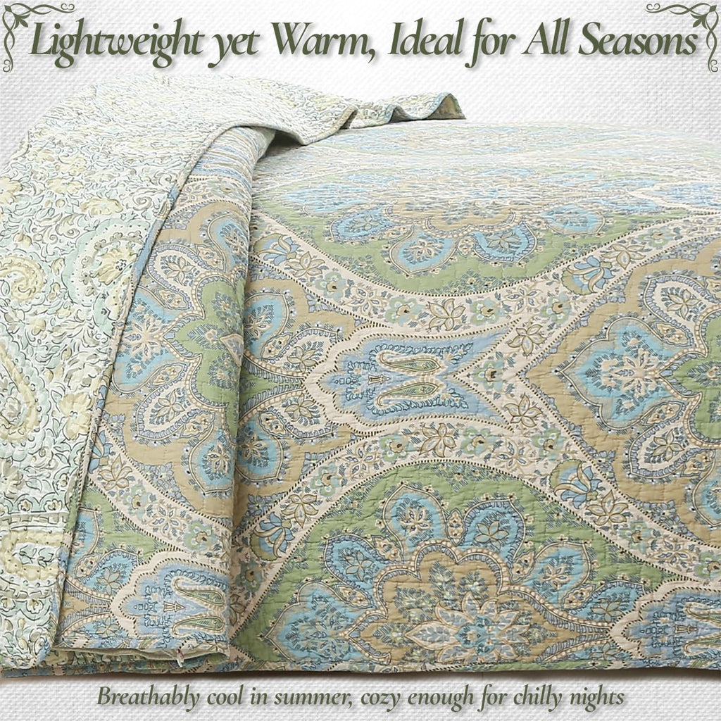 Blue Green Paisley Quilt Set - 3-Piece 100% Cotton Reversible Bedspread with Shams, Lightweight All Season Medallion