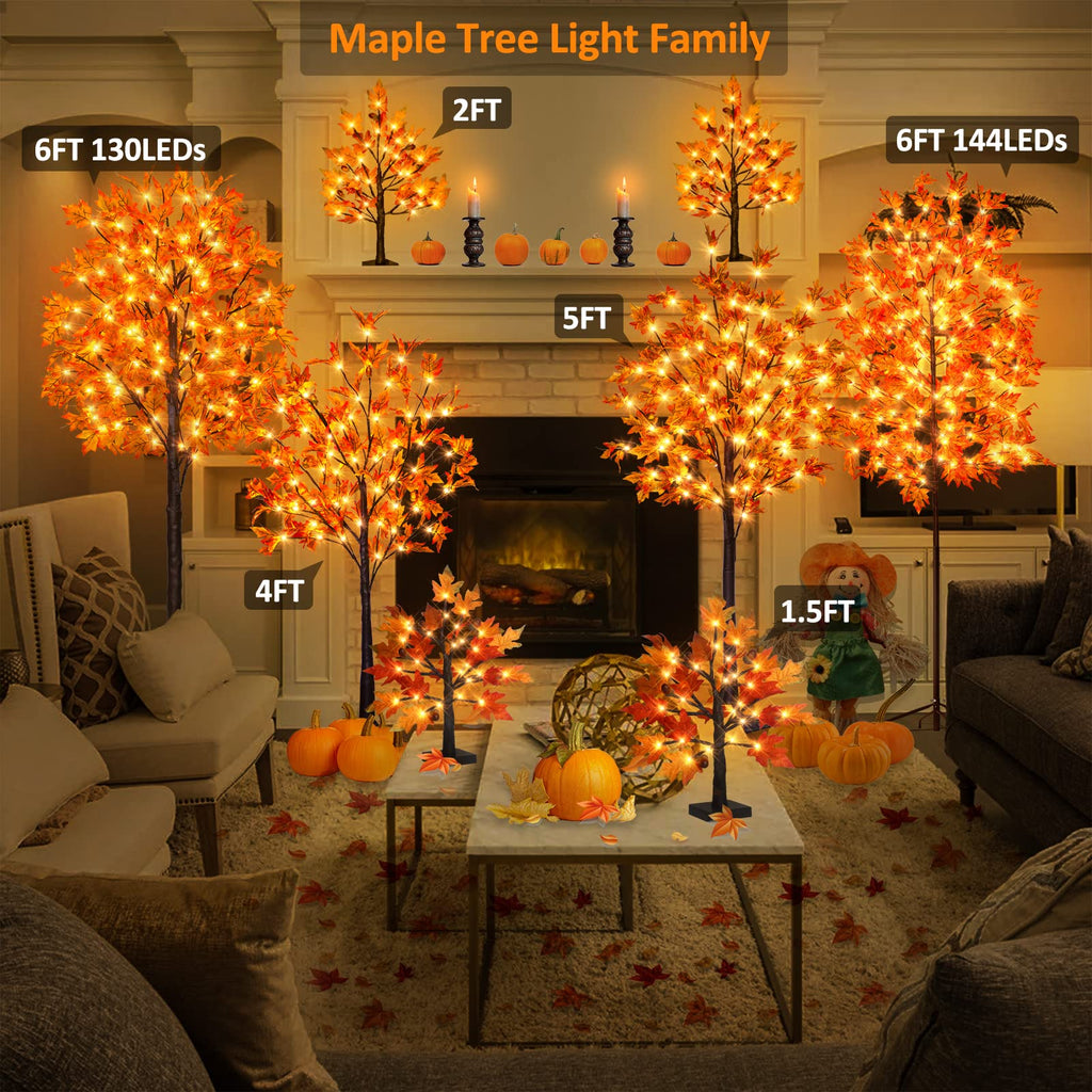 6FT Maple Tree Light - Thanksgiving Decor Artificial Tree with Pumpkins, Acorns, Remote 8 Flashing Modes