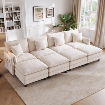 129'' Modular Sectional Sofa 4 Seat Couch Chenille Cloud Couch with Deep Seat, Modern Cloud Couch with 4 Movable