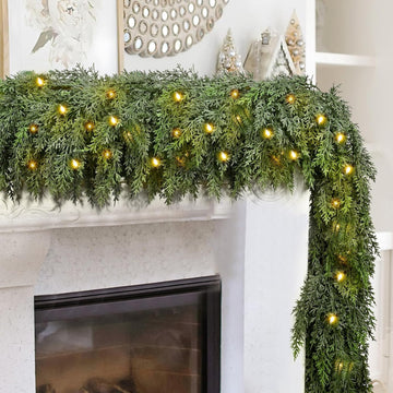9FT Thick Christmas Cedar Garland with Lights, Layered Faux Greenery Decor