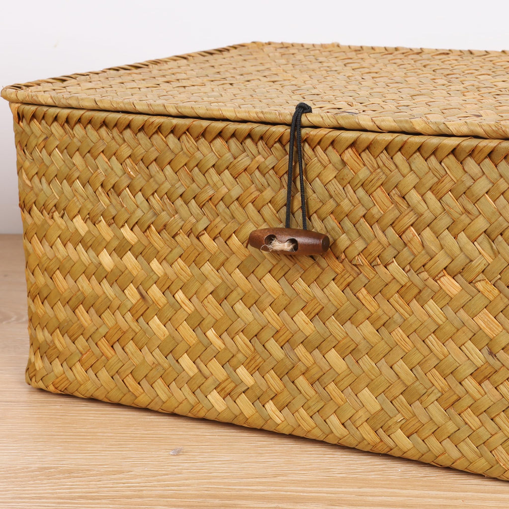 Wicker Shelf Baskets with Lid, Seagrass Storage Basket Bins Rectangular Handwoven Basket Boxes for Shelves Desktop