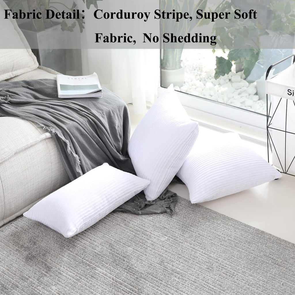 White Pillow Covers 24x24 Large Plush Throw Pillowcases Soft Corduroy Stripe Decorative Euro Shams for Wedding, Set of